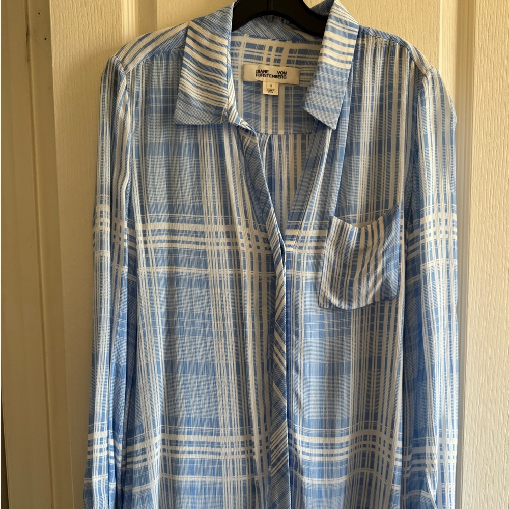 Diane Von Furstenberg Blue and White Plaid Casual Shirt